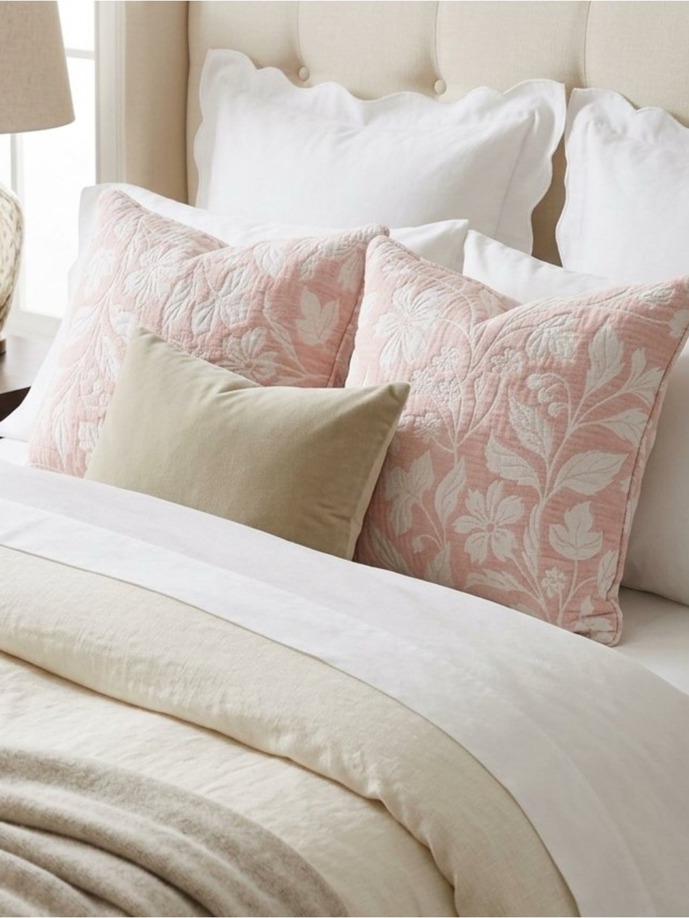 Lillian August Pink White Floral Matelassé 2 Pillow Shams Soft Quilted 20”